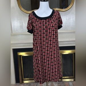 Ann Taylor LOFT Dress M Geometric Retro Mod Print Black‎ Red Short Sleeve Shift